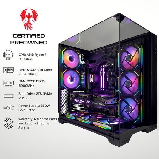 Certified Pre Owned Phoenix - Nvidia RTX 4080 Super AMD Ryzen 7 9800X3D 32GB DDR5 RAM 1TB SSD RGB Gaming PC