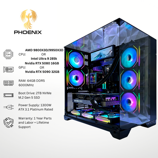 Phoenix Plus -  Nvidia RTX 5080/5090 64GB DDR5 RAM 2TB Gen 5 SSD RGB Gaming PC (8.8" LCD Screen)