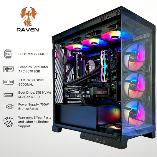 Raven - Intel ARC B570 Intel i5-14400F 32GB RAM 1TB SSD DDR5 RGB Gaming PC