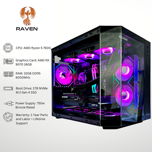 Raven Plus - AMD RX 9070 Ryzen 5 7600 32GB RAM 1TB SSD DDR5 RGB Gaming PC