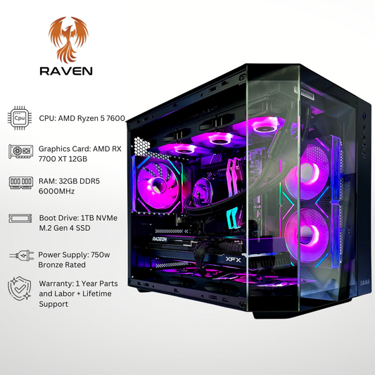 Raven Plus - AMD RX 7700 XT Ryzen 5 7600 32GB RAM 1TB SSD DDR5 RGB Gaming PC