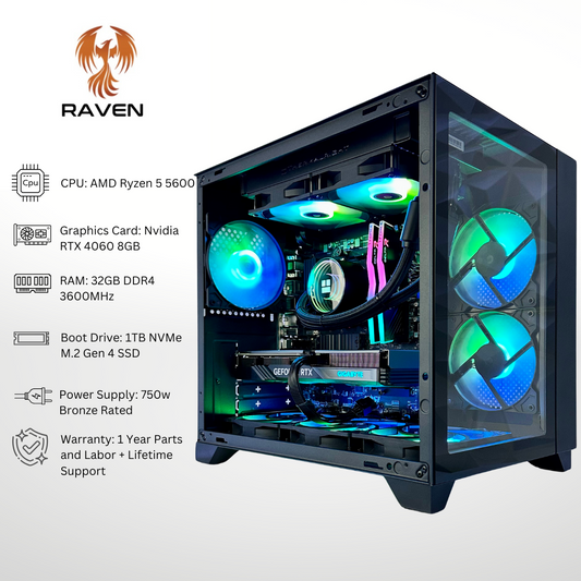 Raven - RTX 4060 AMD Ryzen 5 5600 32GB RAM 1TB SSD DDR4 RGB Gaming PC