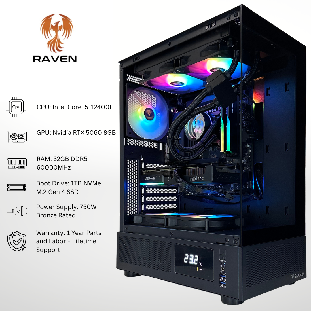Raven - Nvidia RTX 5060 Intel i5-12400F 32GB DDR5 RAM 1TB SSD RGB Gaming PC