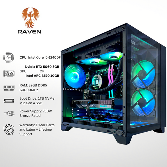 Raven - RTX 5060 / Intel ARC B570 i5-12400F 32GB DDR5 RAM 1TB SSD RGB Gaming PC
