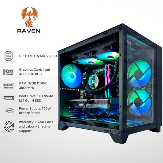 Raven - Intel ARC B570 AMD Ryzen 5 5600 32GB RAM 1TB SSD DDR4 RGB Gaming PC
