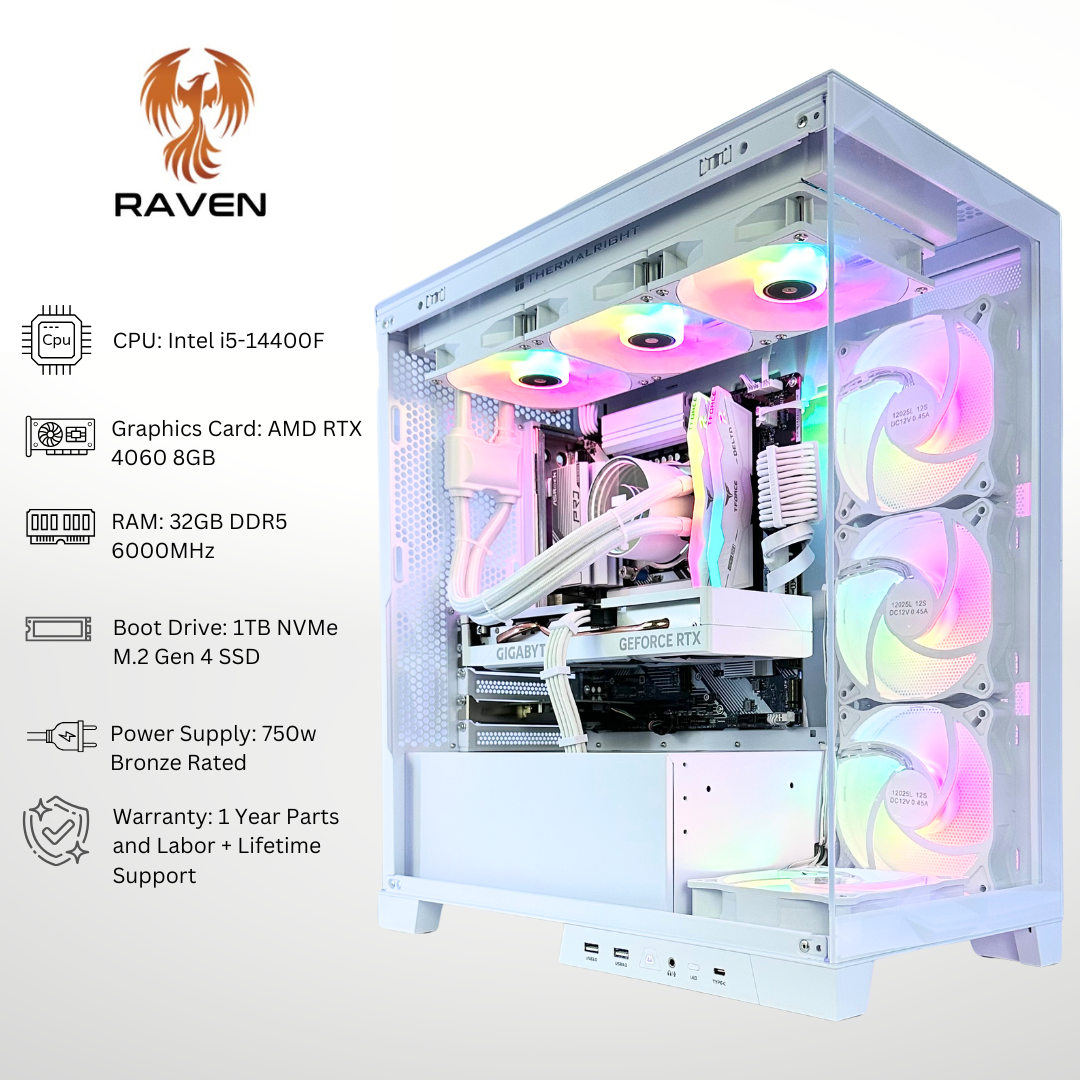 White Raven - RTX 4060 Intel i5-14400F 32GB RAM 1TB SSD DDR5 RGB Gaming PC