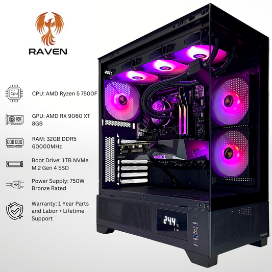 Raven - AMD RX 9060 XT Ryzen 5 7500F 32GB DDR5 RAM 1TB SSD RGB Gaming PC