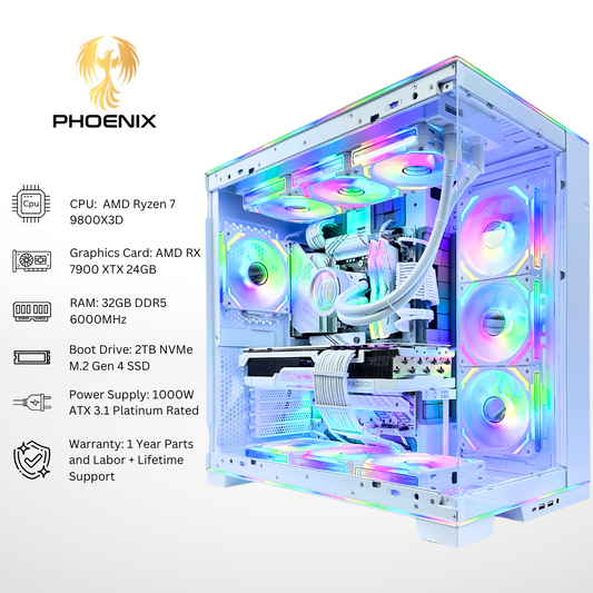 White Phoenix - AMD RX 7900 XTX Ryzen 7 9800X3D 32GB RAM 2TB SSD DDR5 RGB Gaming PC