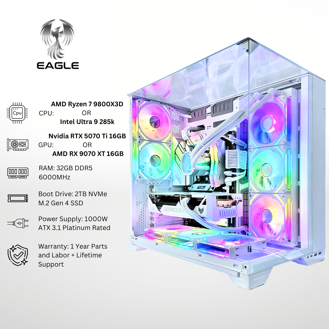 White Eagle Plus - RTX 5070 Ti/AMD RX 9070 XT 32GB RAM 2TB SSD DDR5 RGB Gaming PC