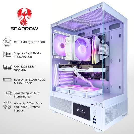 White Sparrow - Nvidia RTX 5050 Ryzen 5 5600 32GB DDR4 RAM 512GB SSD RGB Gaming PC