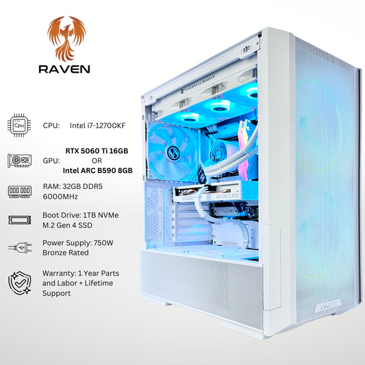 White Raven Plus - Nvidia 5060 Ti/Intel ARC B580 i7-12700KF 32GB RAM 1TB SSD DDR5 RGB Gaming PC