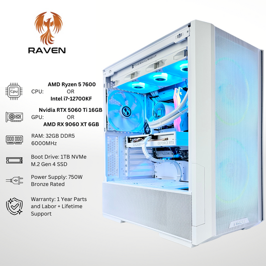 White Raven Plus - Nvidia RTX 5060 Ti/AMD RX 9060 XT 32GB DDR5 RAM 1TB SSD RGB Gaming PC