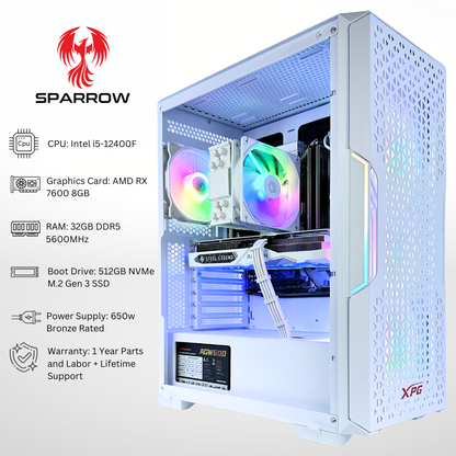 White Sparrow Plus - AMD RX 7600 Intel i5-12400F 32GB DDR5 RAM 512GB SSD RGB Gaming PC