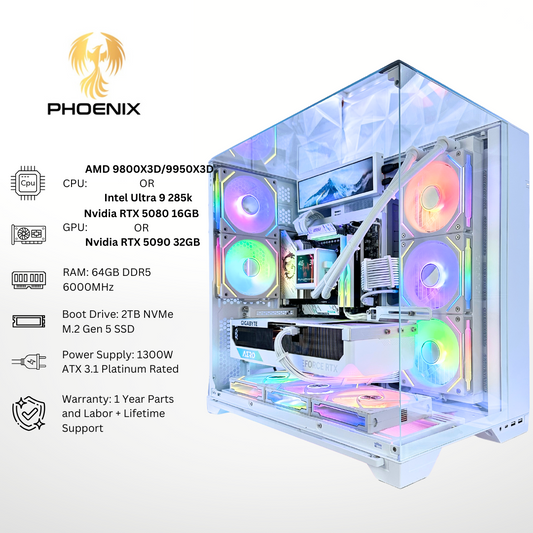 White Phoenix Plus - Nvidia RTX 5080/5090 64GB DDR5 RAM 2TB Gen 5 SSD RGB Gaming PC (8.8" LCD Screen)