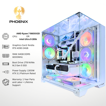 White Phoenix Plus - RTX 4090 64GB RAM 2TB SSD DDR5 RGB Gaming PC (8.8" LCD Screen)