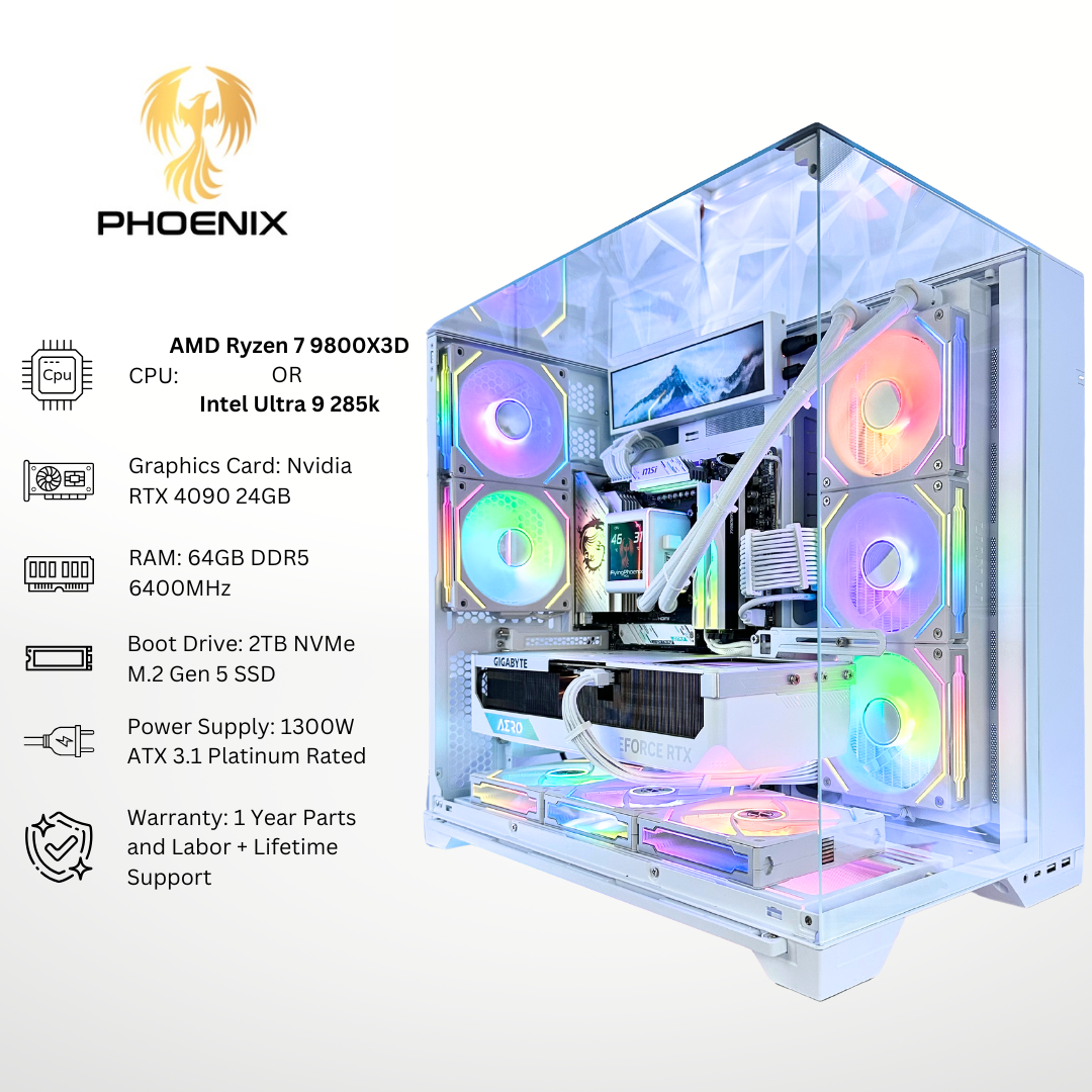 White Phoenix Plus - RTX 4090 64GB RAM 2TB SSD DDR5 RGB Gaming PC (8.8" LCD Screen)