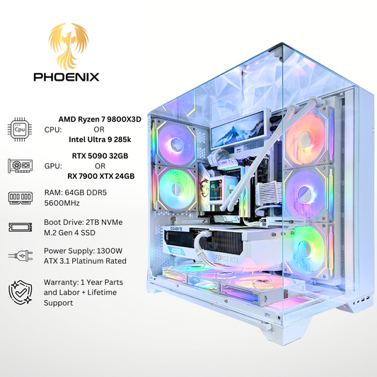 White Phoenix Plus - Nvidia RTX 5090/AMD RX 7900 XTX 64GB RAM 2TB SSD DDR5 RGB Gaming PC (8.8" LCD Screen)