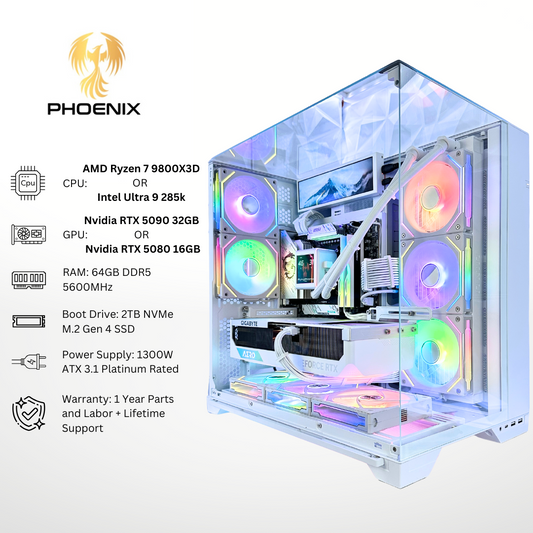 White Phoenix Plus - Nvidia RTX 5080/5090 64GB RAM 2TB SSD DDR5 RGB Gaming PC (8.8" LCD Screen)