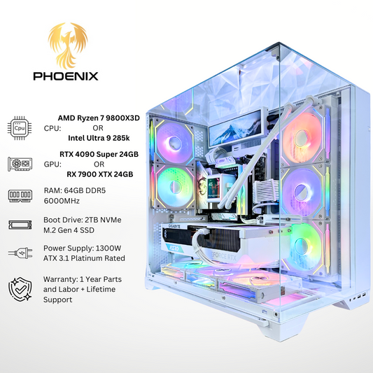 White Phoenix Plus - Nvidia RTX 4090/AMD RX 7900 XTX 64GB RAM 2TB SSD DDR5 RGB Gaming PC (8.8" LCD Screen)