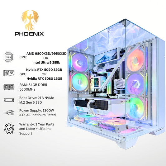 White Phoenix Plus - Nvidia RTX 5080/5090 64GB DDR5 RAM 2TB Gen 5 SSD RGB Gaming PC (8.8" LCD Screen)