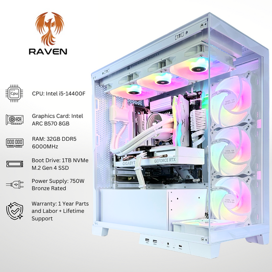 White Raven - Intel ARC B570 Intel i5-14400F 32GB RAM 1TB SSD DDR5 RGB Gaming PC