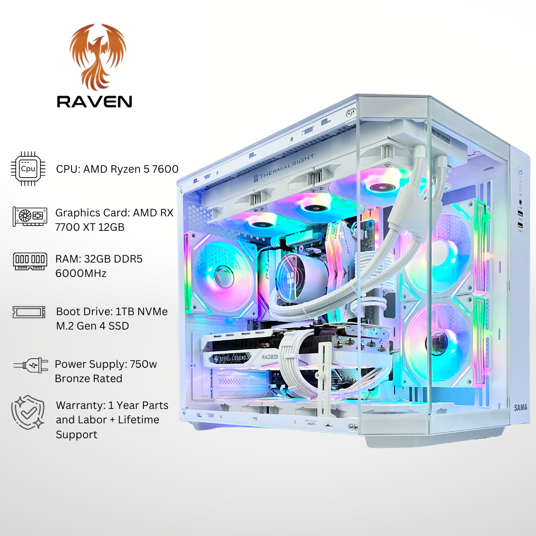 White Raven Plus - AMD 7700 XT Ryzen 5 7600 32GB RAM 1TB SSD DDR5 RGB Gaming PC