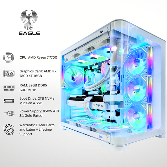 White Eagle - AMD 7800 XT Ryzen 7 7700 32GB RAM 2TB SSD DDR5 RGB Gaming PC