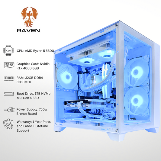 White Raven - RTX 4060 AMD Ryzen 5 5600 32GB RAM 1TB SSD DDR4 RGB Gaming PC