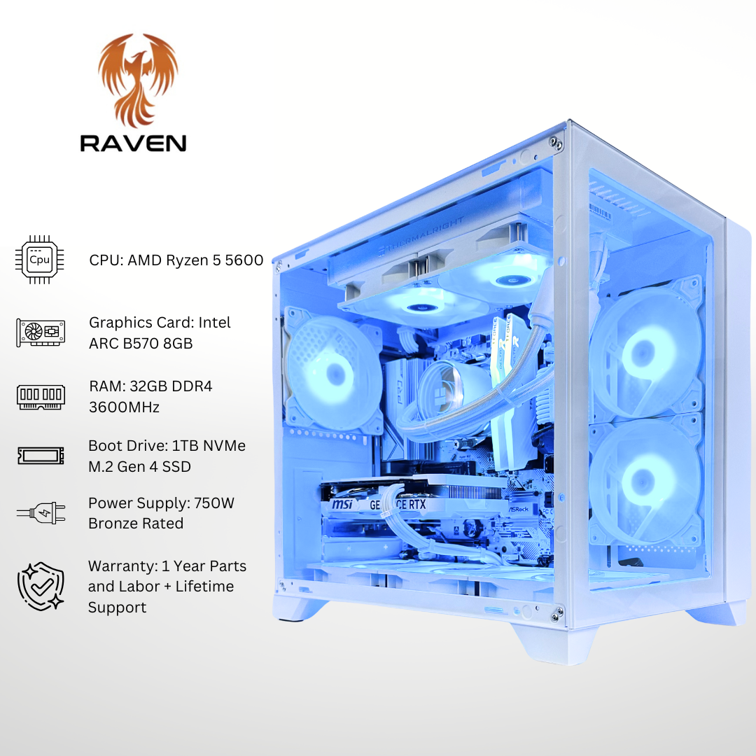 White Raven - Intel ARC B570 AMD Ryzen 5 5600 32GB RAM 1TB SSD DDR4 RGB Gaming PC