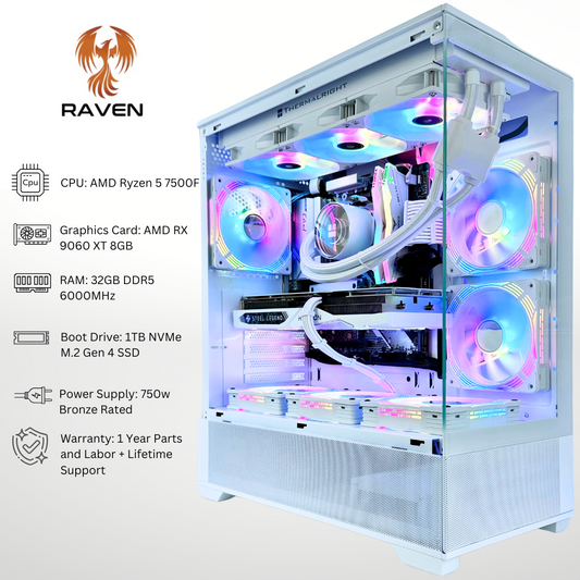 White Raven - AMD RX 9060 XT Ryzen 5 7500F 32GB DDR5 RAM 1TB SSD RGB Gaming PC